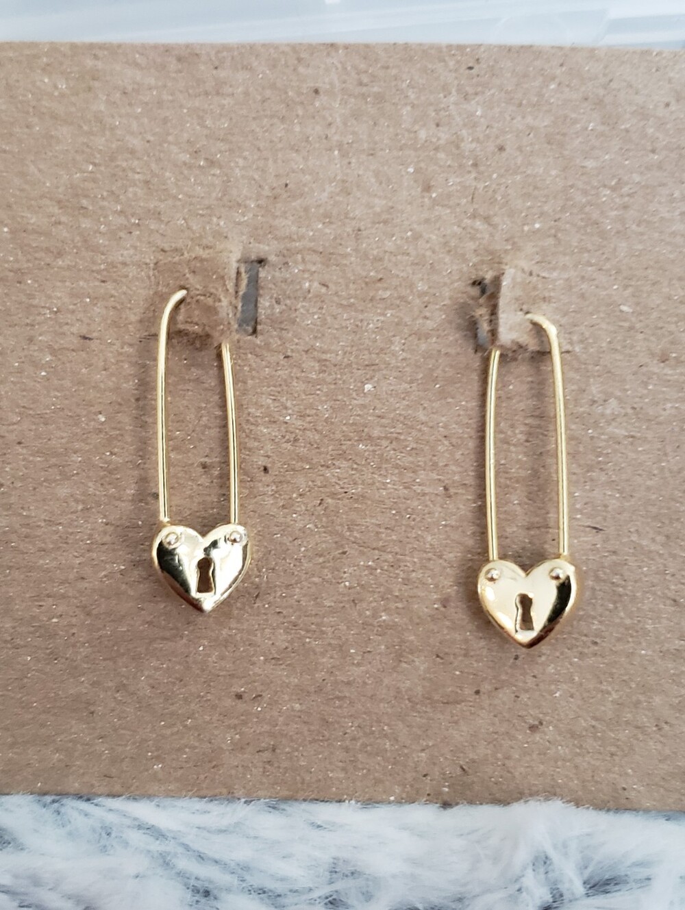 Gold Heart Safety Pin Lock Locket Drop Earrings New